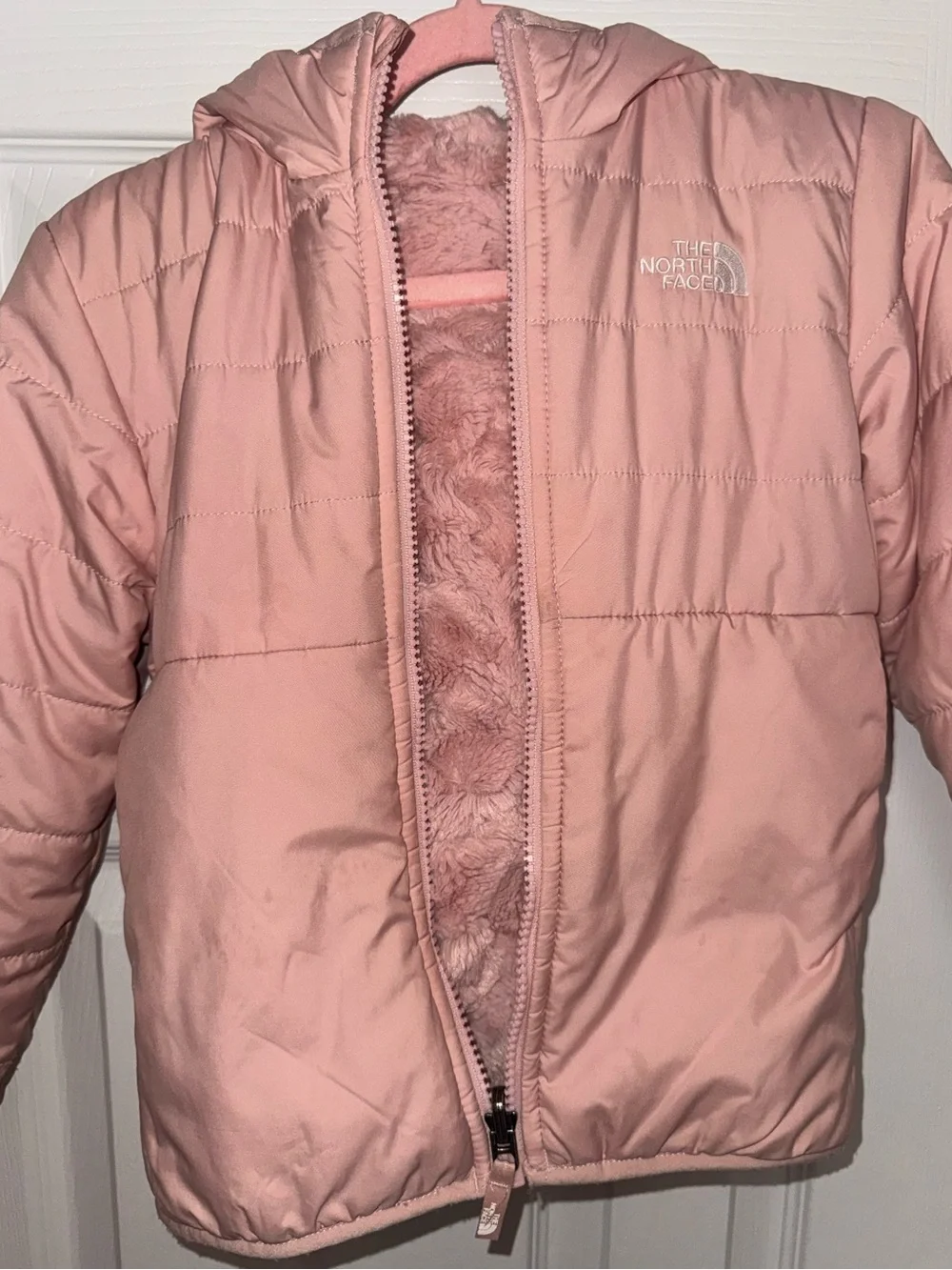 The North Face Reversible Girls Pink Hooded Puffer Jacket (Size 5)